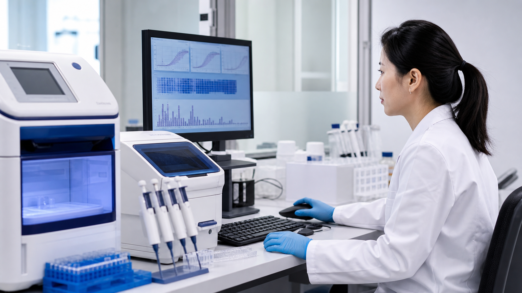 技术人员在 DNA 分析实验室进行检测工作的专业场景